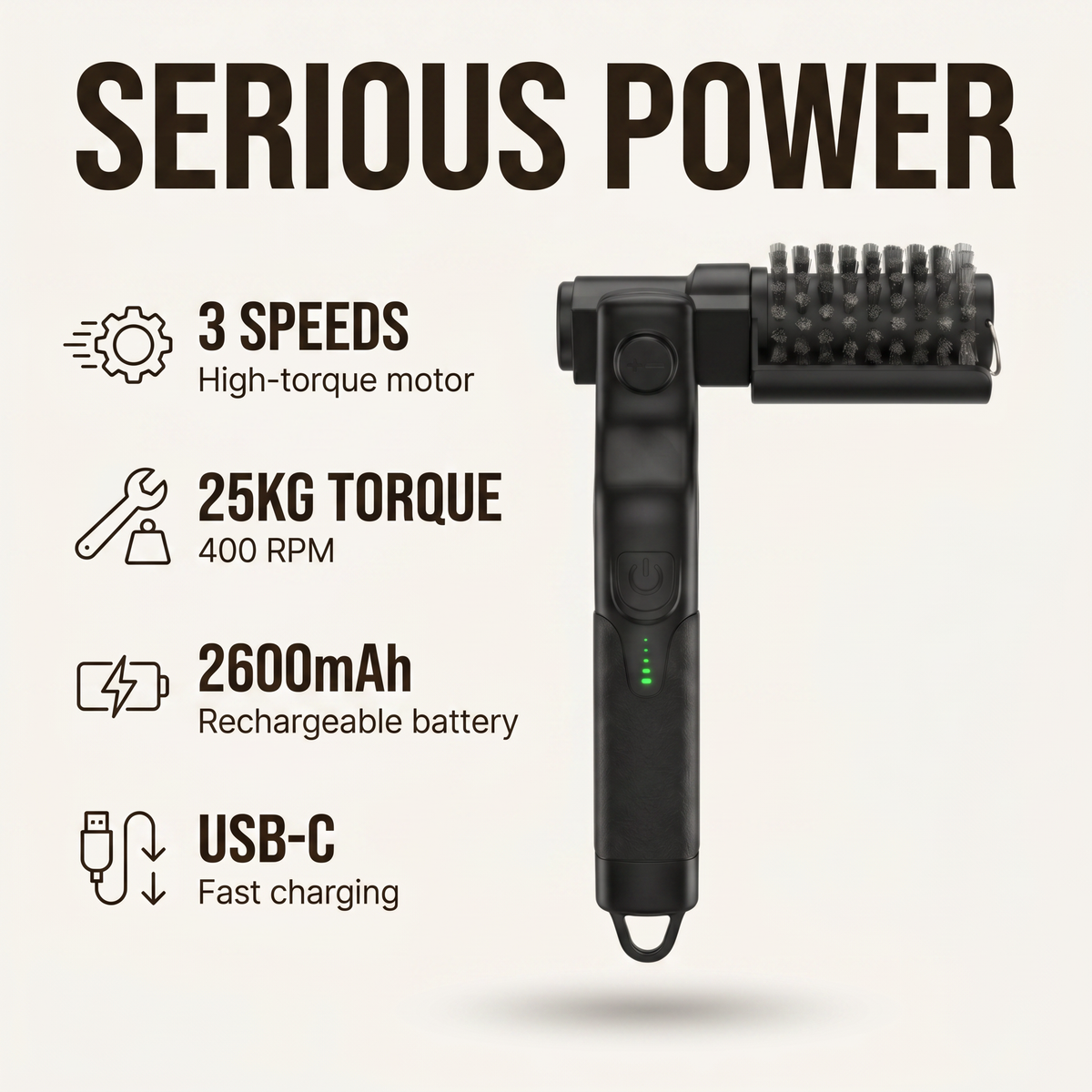 Grill Brush Max specs — 3 speeds, 25KG torque at 400 RPM, 2600mAh battery, USB-C fast charging