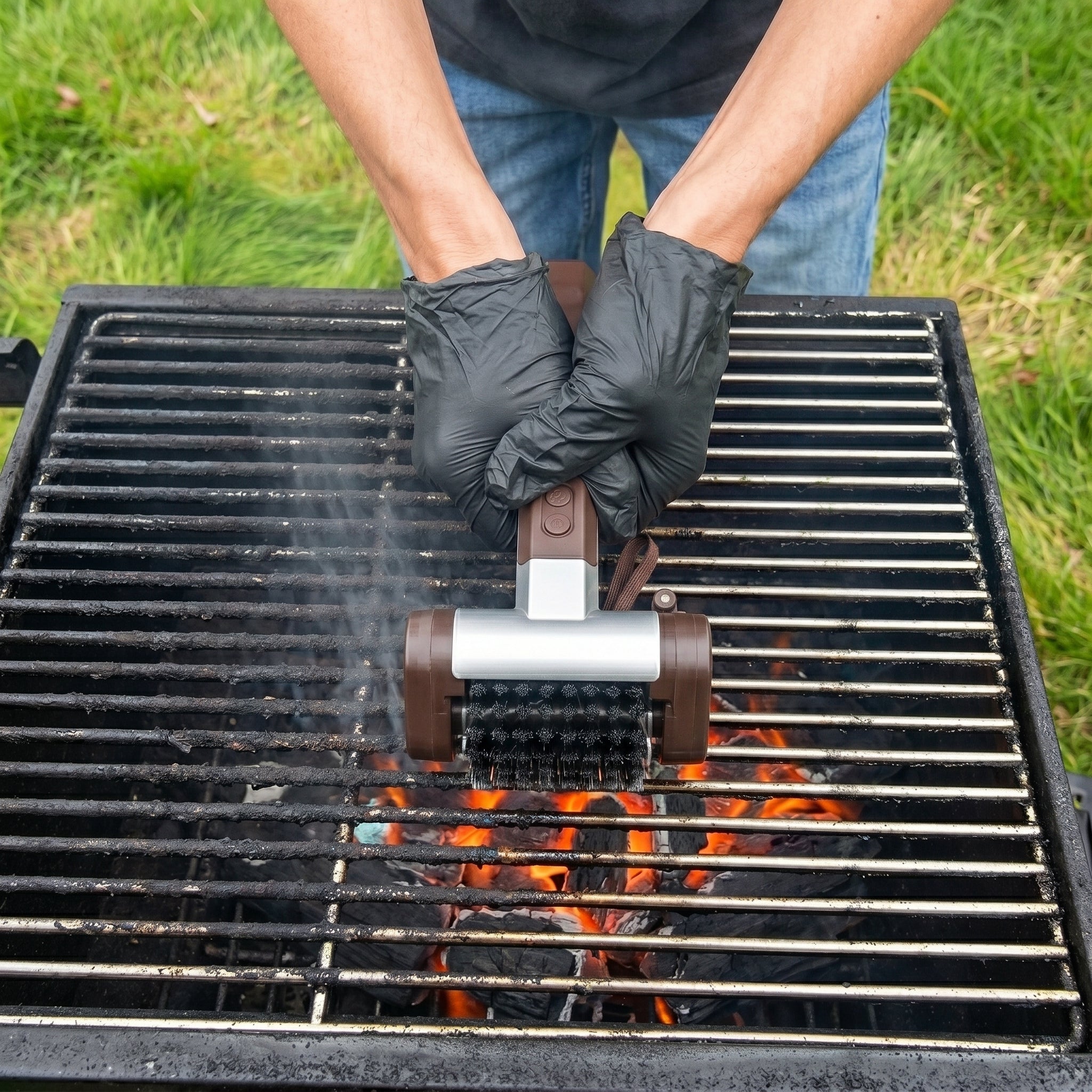 Grill Brush Pro lifestyle shot cleaning BBQ grill grates outdoors