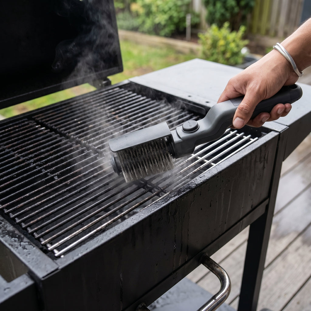 Grill Brush Max lifestyle shot in use on BBQ grill