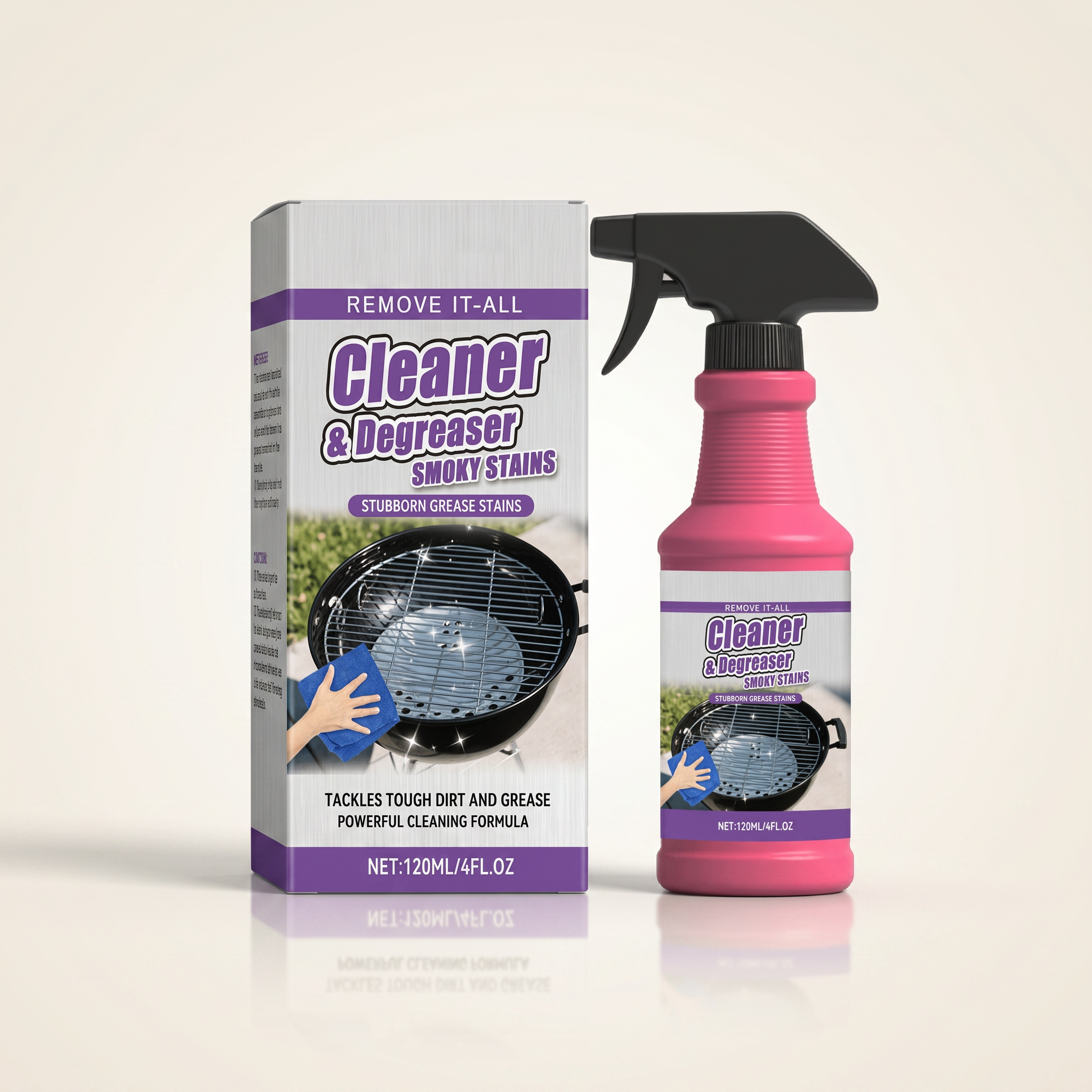 Grill Cleaner & Degreaser spray bottle and retail box on a clean studio background — The Grill Guard