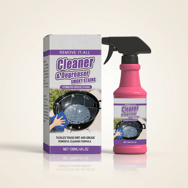 Grill Cleaner & Degreaser spray bottle and retail box on a clean studio background — The Grill Guard