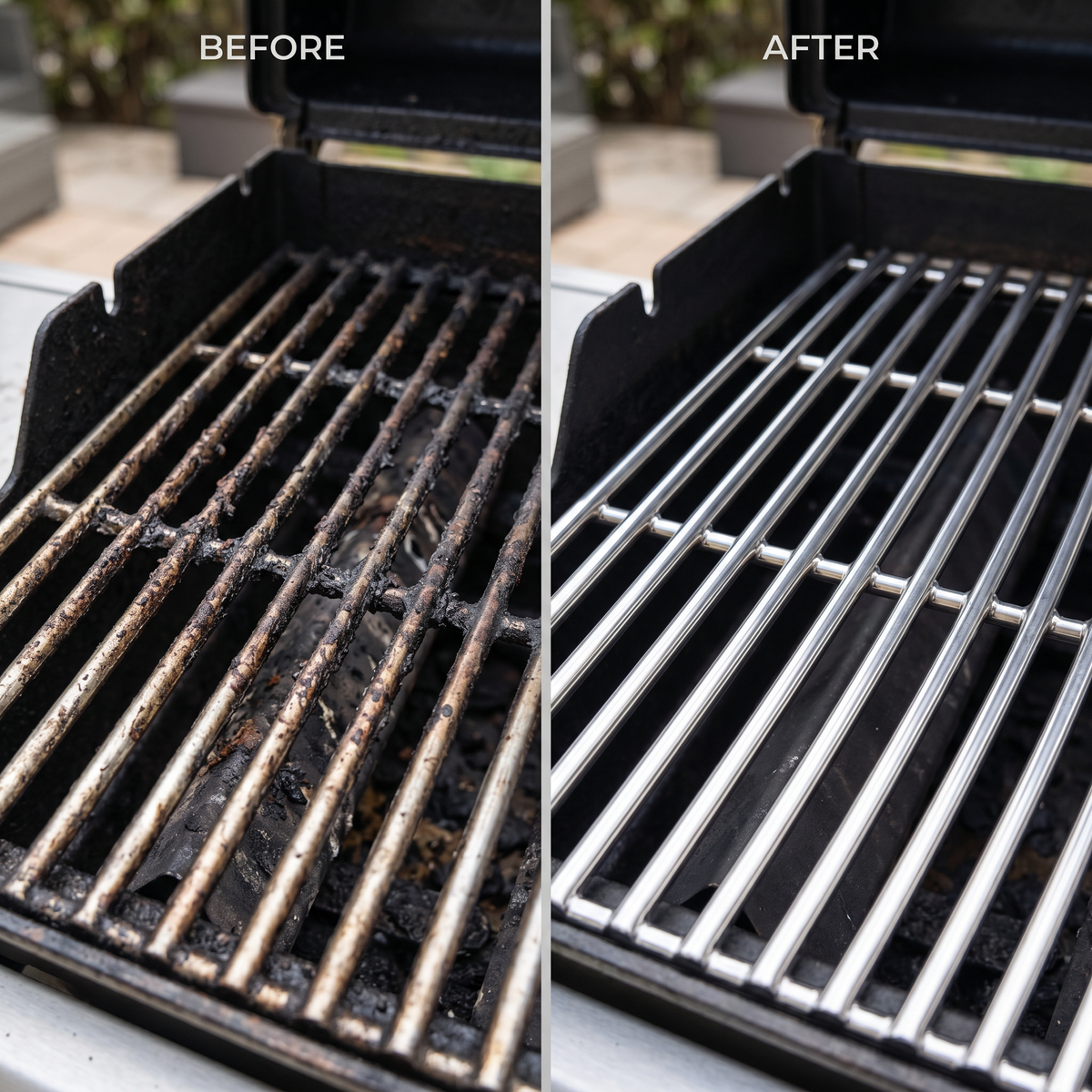 Before and after — a greasy charred grill grate cleaned to a spotless shine with the Grill Brush Max